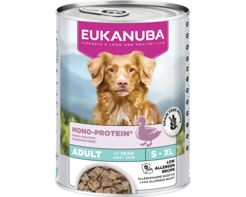 Eukanuba hrană umedă pentru câini adulți Mono-Protein rață, rețetă fără cereale, rețetă cu conținut scăzut de alergeni.