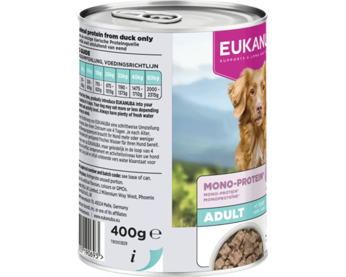 Eukanuba Adult Mono-Protein rață hrană umedă pentru câini, conservă de 400 grame cu tabel de hrănire și informații.