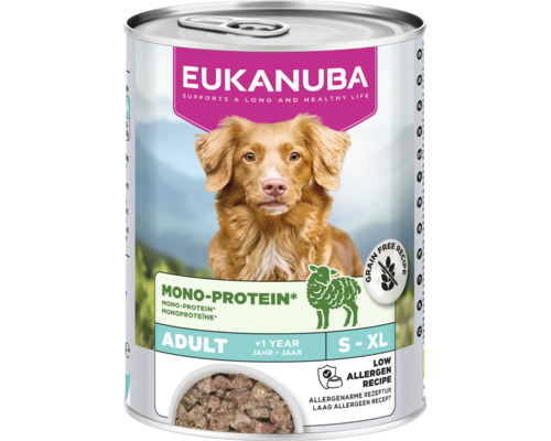 Hrană umedă Eukanuba pentru câini adulți, mono-proteină cu miel, rețetă fără cereale și hipoalergenică, pentru talii S până la XL.