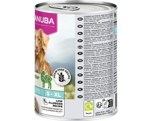 Eukanuba hrană fără cereale la conservă pentru câini adulți cu miel, mărimea S la XL, rețetă cu nivel scăzut de alergeni.