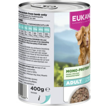 Hrană umedă Eukanuba Adult mono-proteină pentru câini, miel, conservă de 400 grame cu ghid de hrănire și ingrediente.