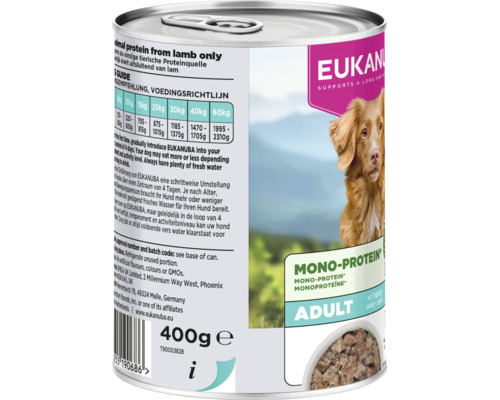 Hrană umedă Eukanuba Adult mono-proteină pentru câini, miel, conservă de 400 grame cu ghid de hrănire și ingrediente.