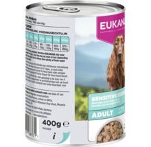 Logo Eukanuba pe o conservă de hrană pentru câini Sensitive Digestion Adult, 400 grame, cu tabel de hrănire și imaginea unui câine.