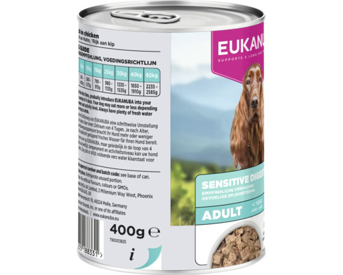 Logo Eukanuba pe o conservă de hrană pentru câini Sensitive Digestion Adult, 400 grame, cu tabel de hrănire și imaginea unui câine.