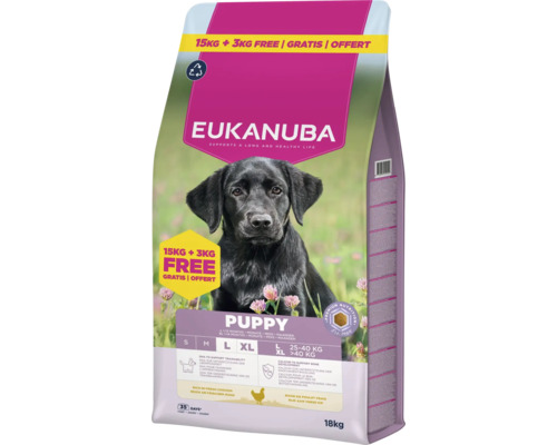 Sac de 18 kilograme de hrană Eukanuba Puppy pentru căței de talie mare cu pui proaspăt și imaginea unui cățel negru.