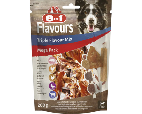 Gustare pentru câini 8in1 Flavours Triple Flavour Mix Mega Pack 200 grame cu diferite arome de carne.