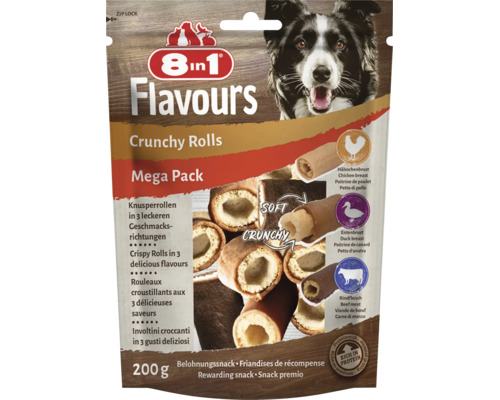 8in1 Flavours Crunchy Rolls recompensă pentru câini, Mega Pack 200 grame, cu piept de pui, piept de rață și carne de vită.