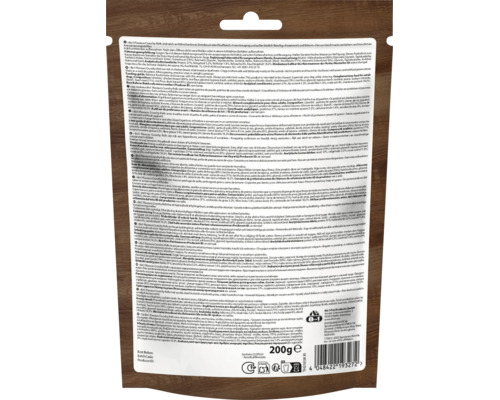 Spatele ambalajului pentru gustări pentru câini 8in1 Flavours Crunchy Rolls de 200 de grame, cu ingrediente și 8in1 Pet Products Logo.