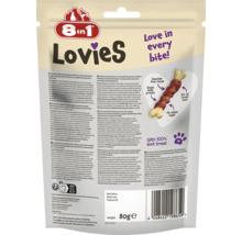 Gustare pentru câini 8in1 Lovies cu piept de rață și oase de calciu, rețetă fără piele brută, fără zahăr adăugat, pachet de 80 grame.