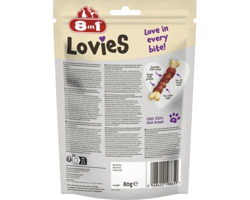 Gustare pentru câini 8in1 Lovies cu piept de rață și oase de calciu, rețetă fără piele brută, fără zahăr adăugat, pachet de 80 grame.