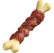 Gustare de mestecat pentru câini în formă de os învelită în carne uscată.