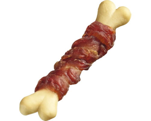 Gustare de mestecat pentru câini în formă de os învelită în carne uscată.