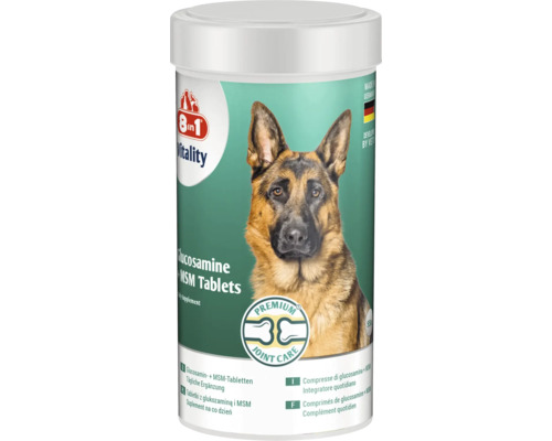 8in1 Vitality Glucozamină plus MSM tablete pentru câini, flacon cu ciobănesc german, îngrijire premium a articulațiilor, fabricat în Germania.