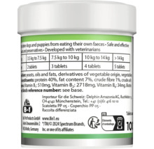 Partea posterioară a ambalajului tabletelor 8in1 împotriva coprofagiei la câini cu tabel de dozare, ingrediente și instrucțiuni de reciclare.