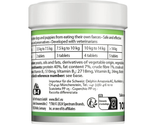 Partea posterioară a ambalajului tabletelor 8in1 împotriva coprofagiei la câini cu tabel de dozare, ingrediente și instrucțiuni de reciclare.