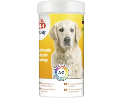 Tablete multivitamine 8in1 Vitality pentru câini adulți ca supliment alimentar zilnic.