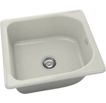 Chiuvetă de bucătărie albă, încorporabilă, din ceramică cu scurgere rotundă și preaplin.