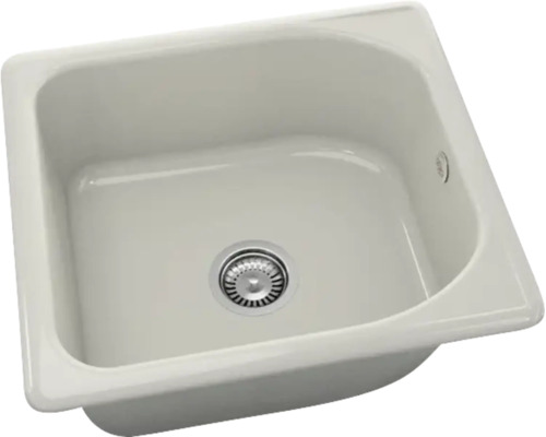 Chiuvetă de bucătărie albă, încorporabilă, din ceramică cu scurgere rotundă și preaplin.