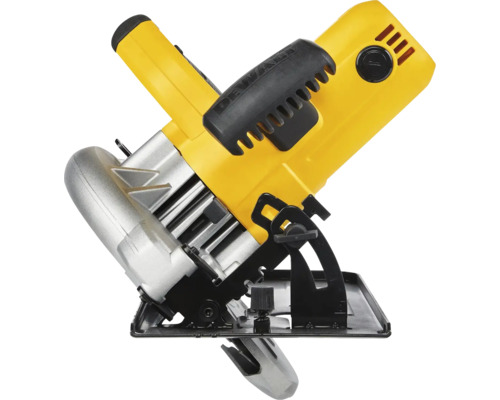 Ferăstrău circular manual DeWalt cu talpă metalică și mâner negru.