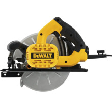 Fierăstrău circular DeWalt cu cablu de alimentare, mâner ergonomic și protecție metalică pentru pânză.