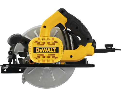 Fierăstrău circular DeWalt cu cablu de alimentare, mâner ergonomic și protecție metalică pentru pânză.