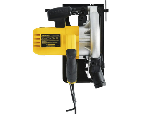Ferăstrău circular manual DEWALT DWE5615-B2 în galben și negru cu o putere de 1500 watt și diametru disc de 184 milimetri, vedere de sus.