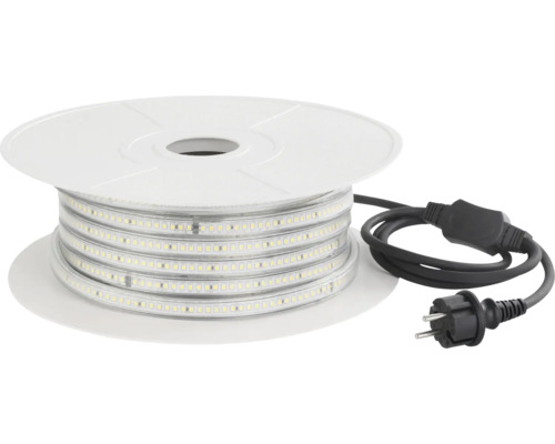 Furtun luminos cu LED pe bobină albă, cu cablu de alimentare negru și ștecher.