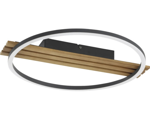 Plafonieră LED modernă în formă de inel oval cu lamele decorative din lemn și cadru metalic negru.