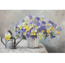 Natură moartă luminoasă cu un buchet de panseluțe într-o vază lângă o stropitoare mică din metal pe o față de masă din dantelă.