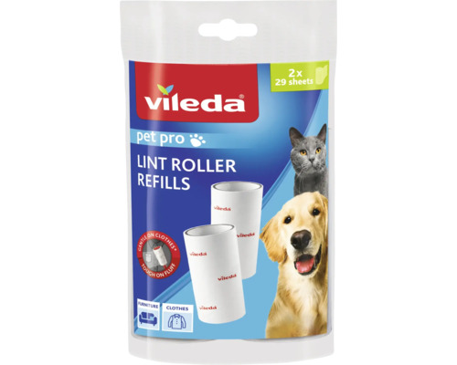 Rezerve rolă scame Vileda Pet Pro, 2 role cu câte 29 de foi, pentru îndepărtarea părului de animale de pe haine și mobilier.