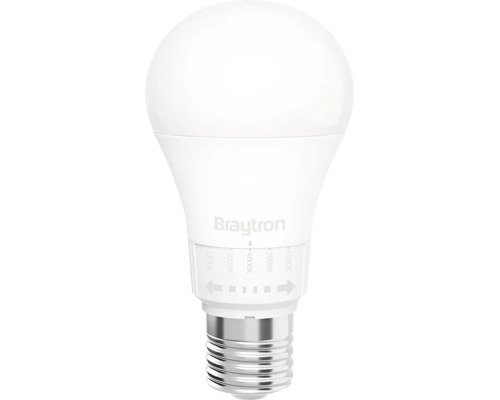 Bec LED Braytron cu soclu E27 și temperatură de culoare reglabilă de la 2700 la 6500 Kelvin.