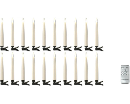 Set de 20 de lumânări de Crăciun cu LED, cu telecomandă și clipsuri de fixare.