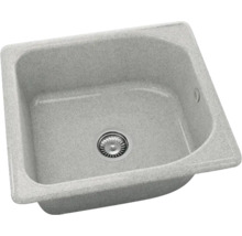 Chiuvetă încorporabilă pătrată din material compozit cu aspect de granit, cu scurgere cu sită și preaplin.