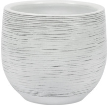 Ghiveci rotund din ceramică albă cu suprafață structurată și dungi orizontale.