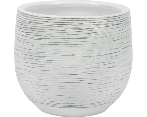 Ghiveci rotund din ceramică albă cu suprafață structurată și dungi orizontale.