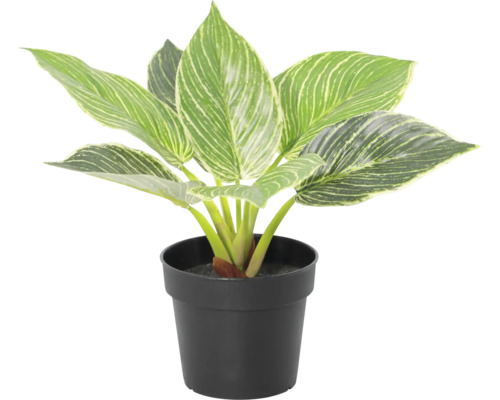 Plantă artificială Philodendron Birkin cu frunze dungate în ghiveci negru.