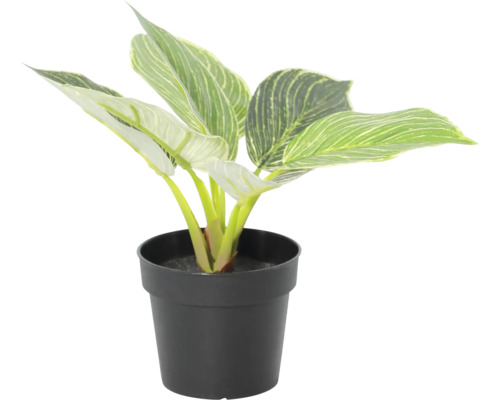 Plantă artificială Philodendron Birkin cu frunze în dungi verzi și albe într-un ghiveci negru.