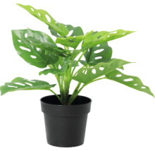 Plantă artificială Monstera în ghiveci negru.