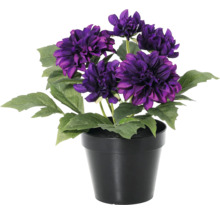 Dalie artificială în ghiveci negru cu flori violete și frunze verzi.
