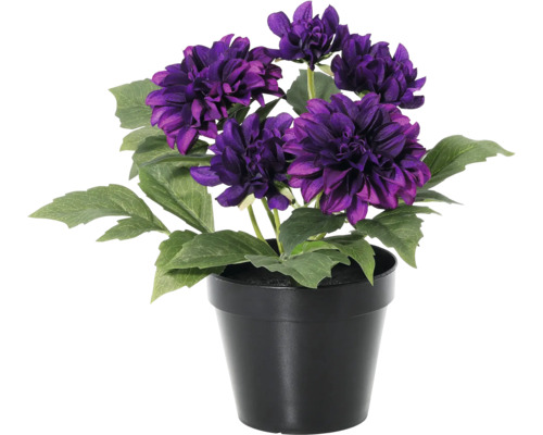 Dalie artificială în ghiveci negru cu flori violete și frunze verzi.