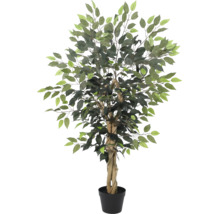 Ficus artificial în ghiveci negru, plantă artificială cu trunchi ramificat și frunze verzi pentru decorarea interiorului.