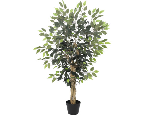 Ficus artificial în ghiveci negru, plantă artificială cu trunchi ramificat și frunze verzi pentru decorarea interiorului.