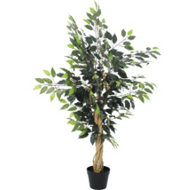 Plantă artificială Ficus Benjamina în ghiveci negru cu trunchi răsucit și frunze verzi.