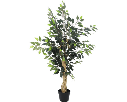 Plantă artificială Ficus Benjamina în ghiveci negru cu trunchi răsucit și frunze verzi.