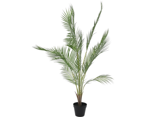 Palmier artificial în ghiveci negru cu frunze verzi penate.