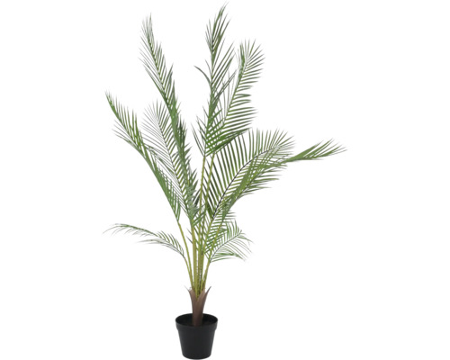 Palmier artificial în ghiveci negru cu frunze verzi pentru decorarea interiorului.