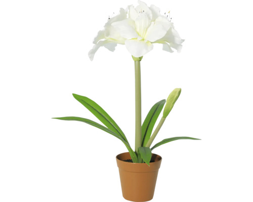 Amaryllis artificial cu flori albe și frunze verzi în ghiveci.