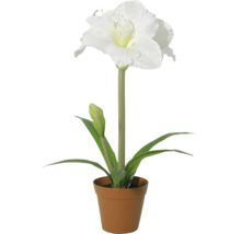 Amaryllis artificială în ghiveci cu o floare albă, un boboc și frunze verzi.