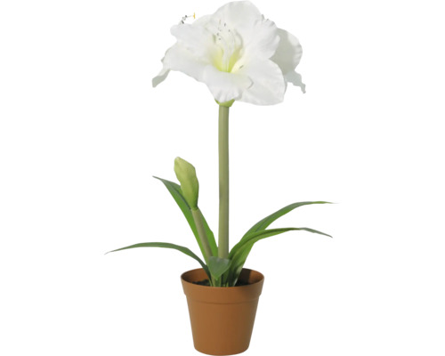 Amaryllis artificială în ghiveci cu o floare albă, un boboc și frunze verzi.