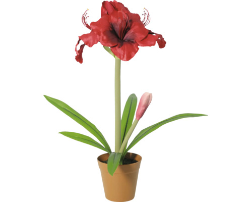 Plantă artificială amaryllis cu floare roșie și boboc în ghiveci maro.